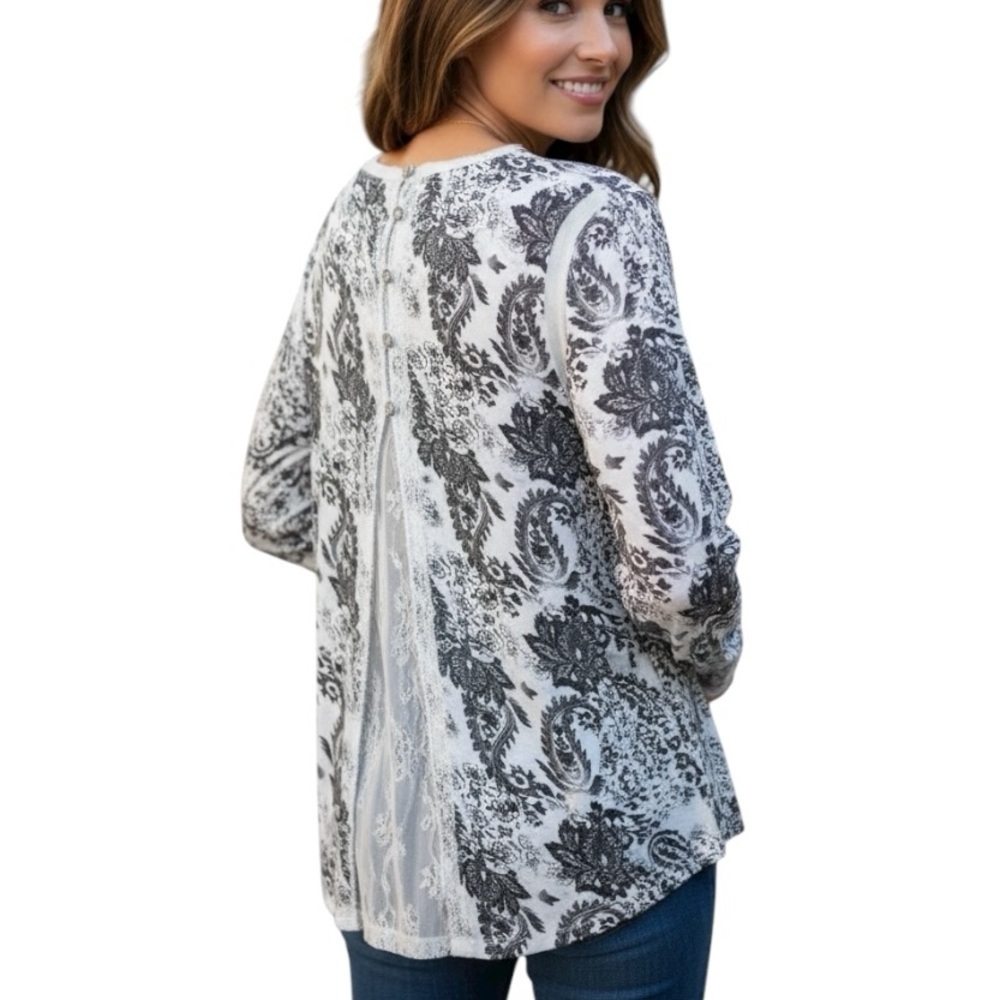 Rewind Large White Black Paisley Long Sleeve Split Back Casual Shirt